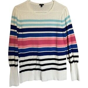 Talbots Sweater Womens Size Large Colorful Rainbow Striped Ribbed Puff Sleeve